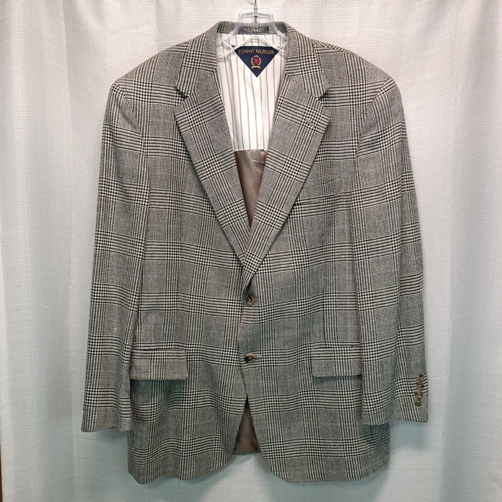 Vtg 90s Tommy Hilfiger Mens 42R Glen‎ Plaid Blazer Grey Black Sport Coat USA Y2K